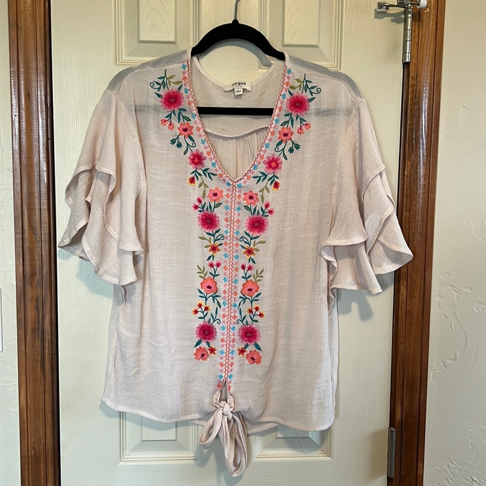 Umgee Short Sleeve Embroidered Blouse- Size L